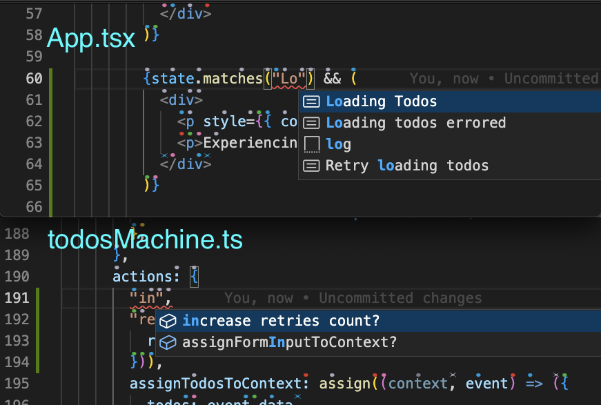 Showing how VSCode helps with autocompleting states in App.tsx, and actions in todosMachine.ts